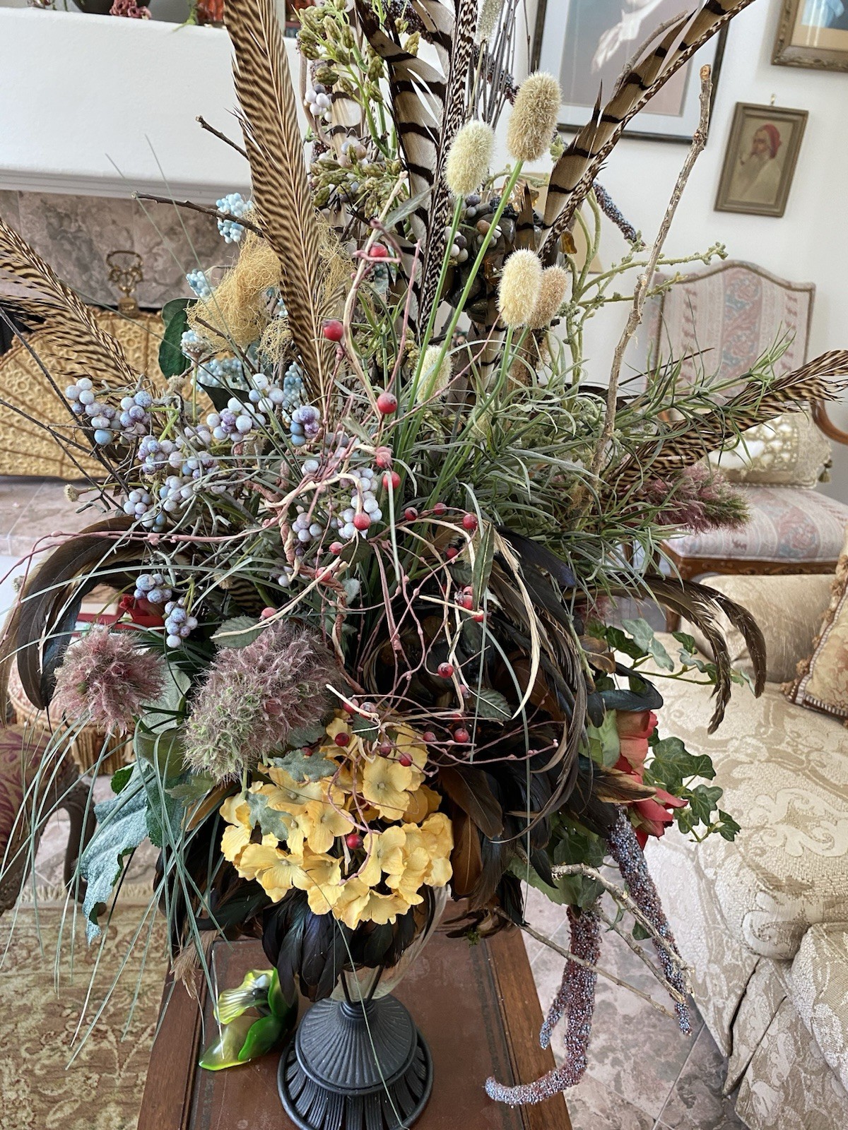 XL Custom Designer Muted Floral Arrangement W Pheasant Feathers, Silk & Dried