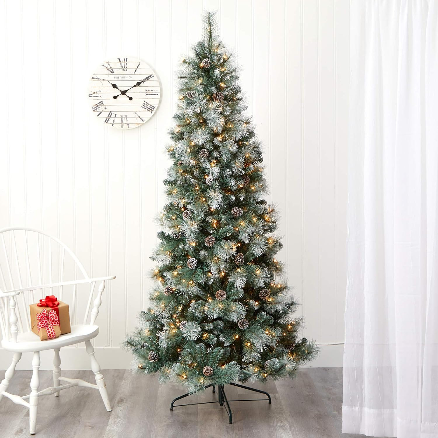 7Ft Frosted British Columbia Pine Tree with 400 Lights & Pine Cones