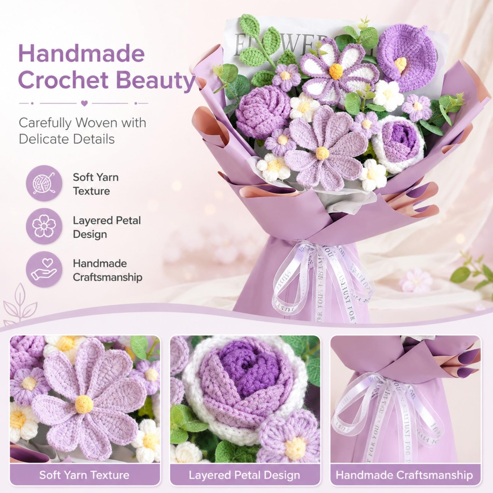 Handmade Crochet Bouquet, Purple Calla Lily & Roses Knitted Flowers with Gift…