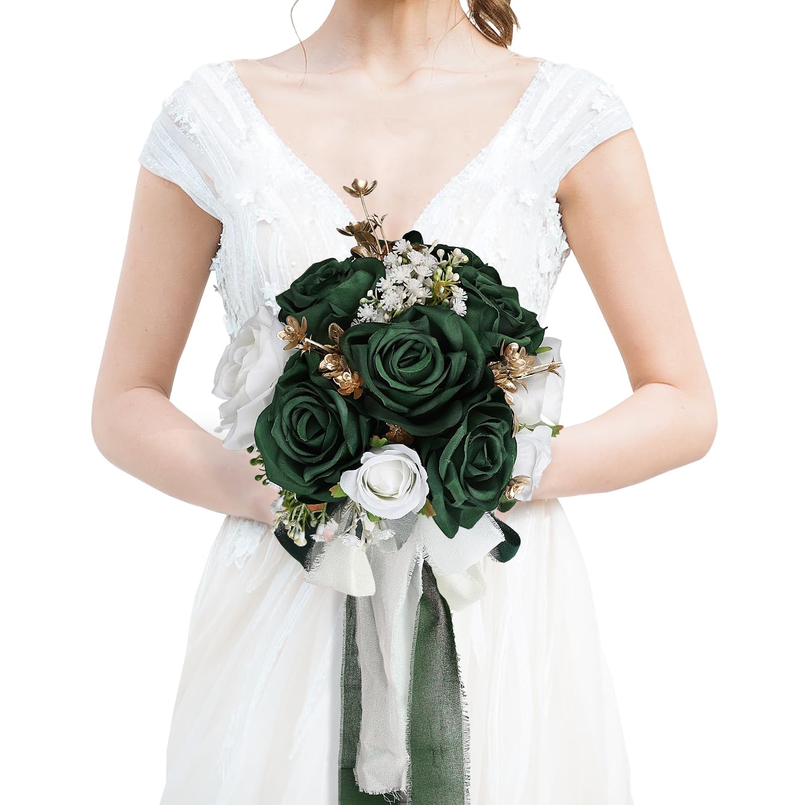Emerald Green Gold White Wedding Bouquet For Bride Artificial Roses Flowers