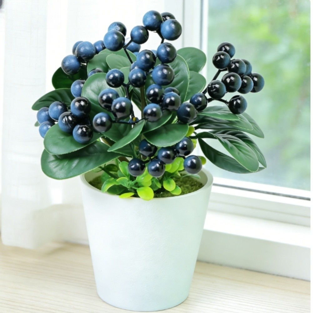 Potted Plastic Blueberry Holly Plant with Lifelike Berries and Foliage