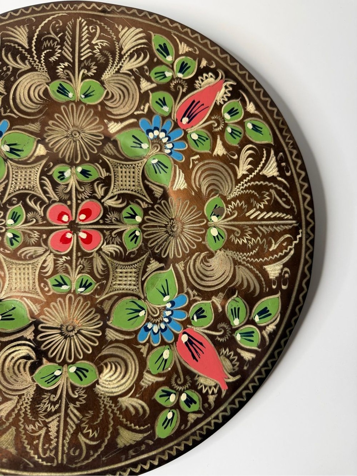 Vintage Turkish Hand Painted Copper Wall Plate 11.5″ Boho Floral Narol Decor