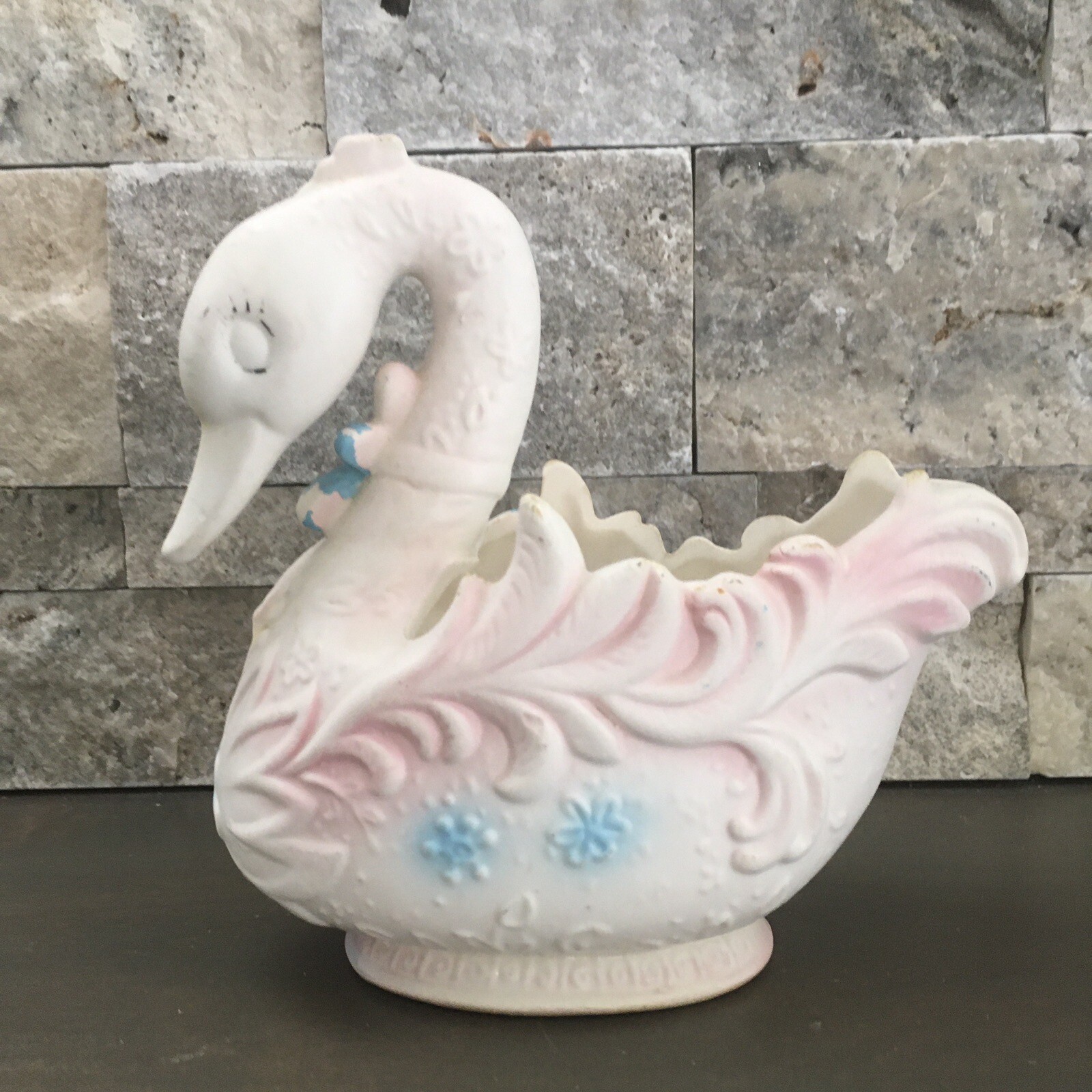 Vintage Mid Century Swan Planter Pink And Blue Gold Gilt Anthropomorphic Planter