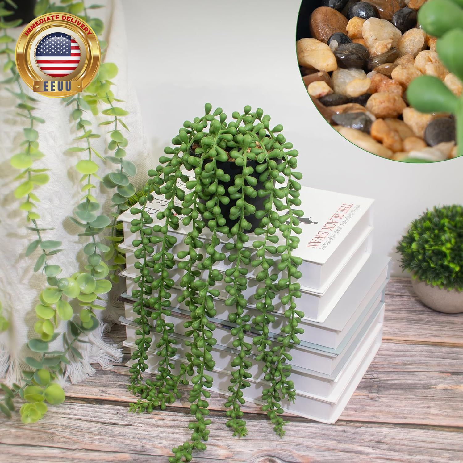 Fake Plants Indoor Artificial String of Pearls Plant in Black Pots, Realistic Gr