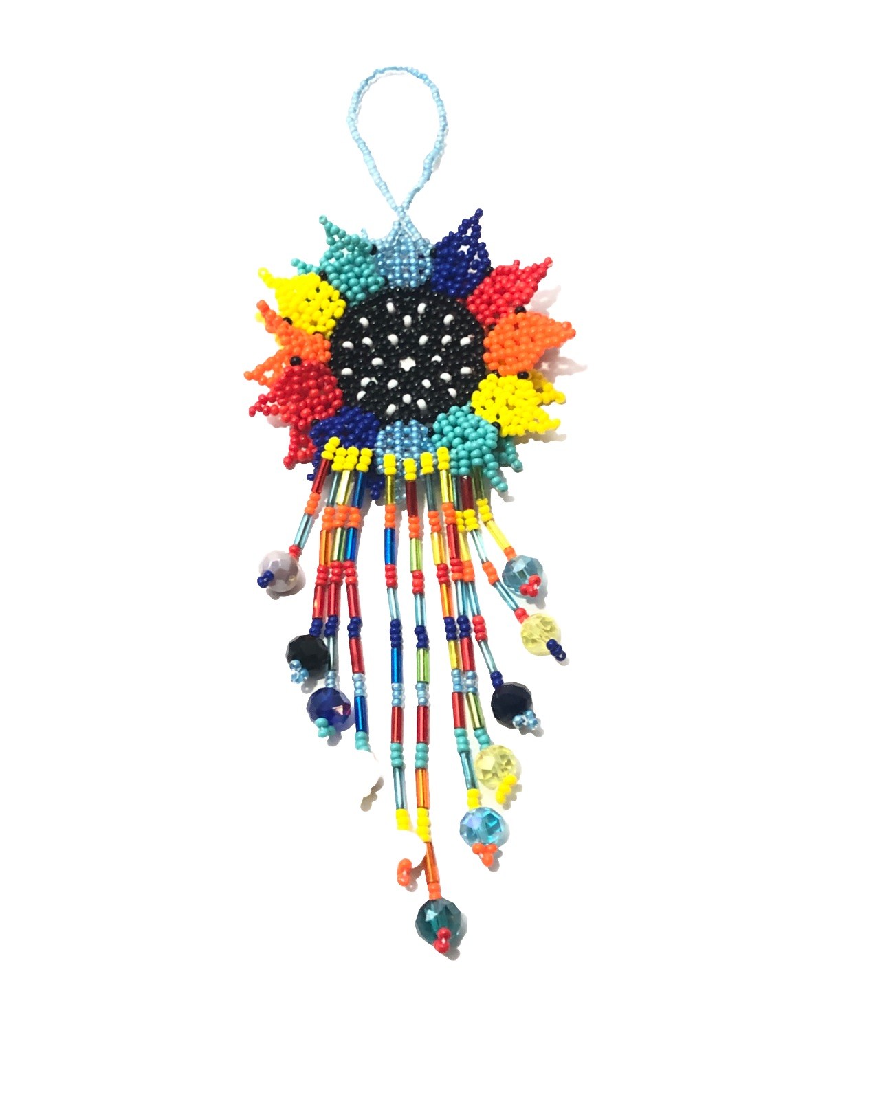 Hand Made Beaded Colorful Mexican Sunflower 5” Seed Bead Dangle Charm Ornament.