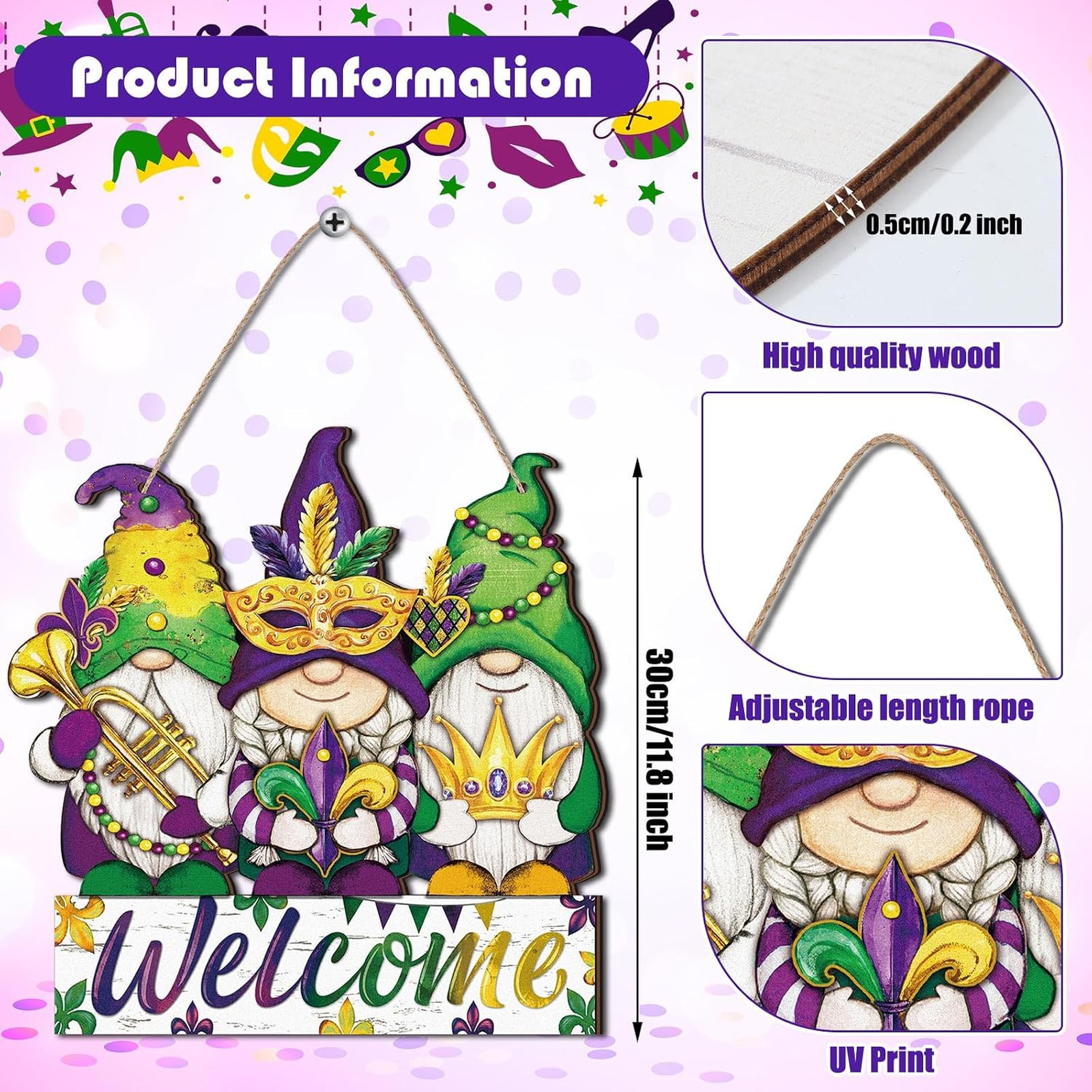Mardi Gras Door Decor Gnome Wreath Wooden Welcome Sign Farmhouse Porch Wall