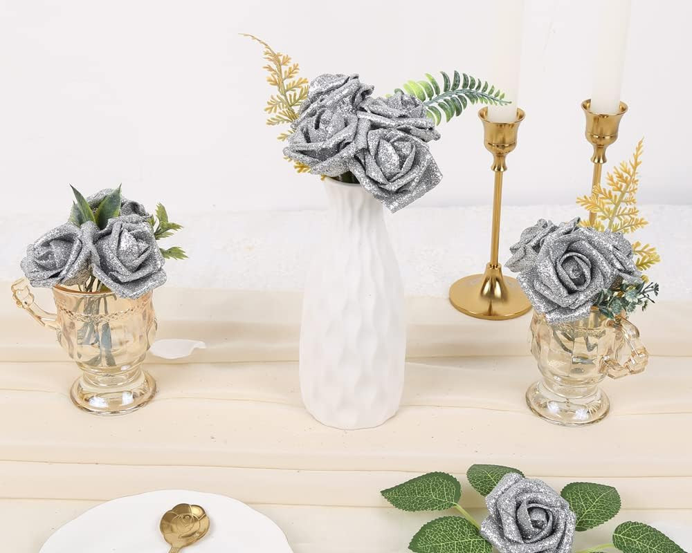 Silver Roses Artificial Flowers,25PCS Foam Glitter Roses Glitter Flowers Fake Ro