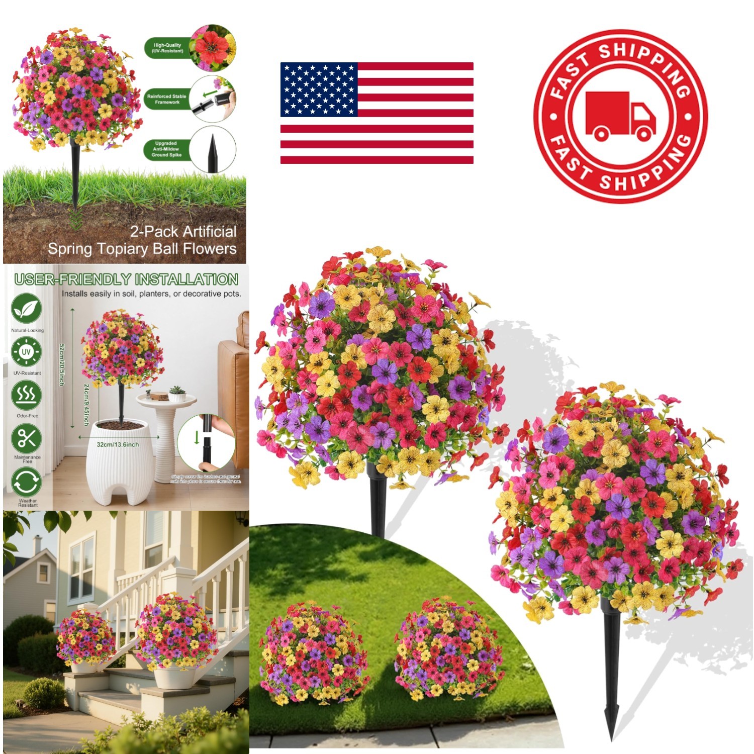 Lightweight 20 Inch Artificial Topiary Ball Flowers UV Resistant for All Seasons