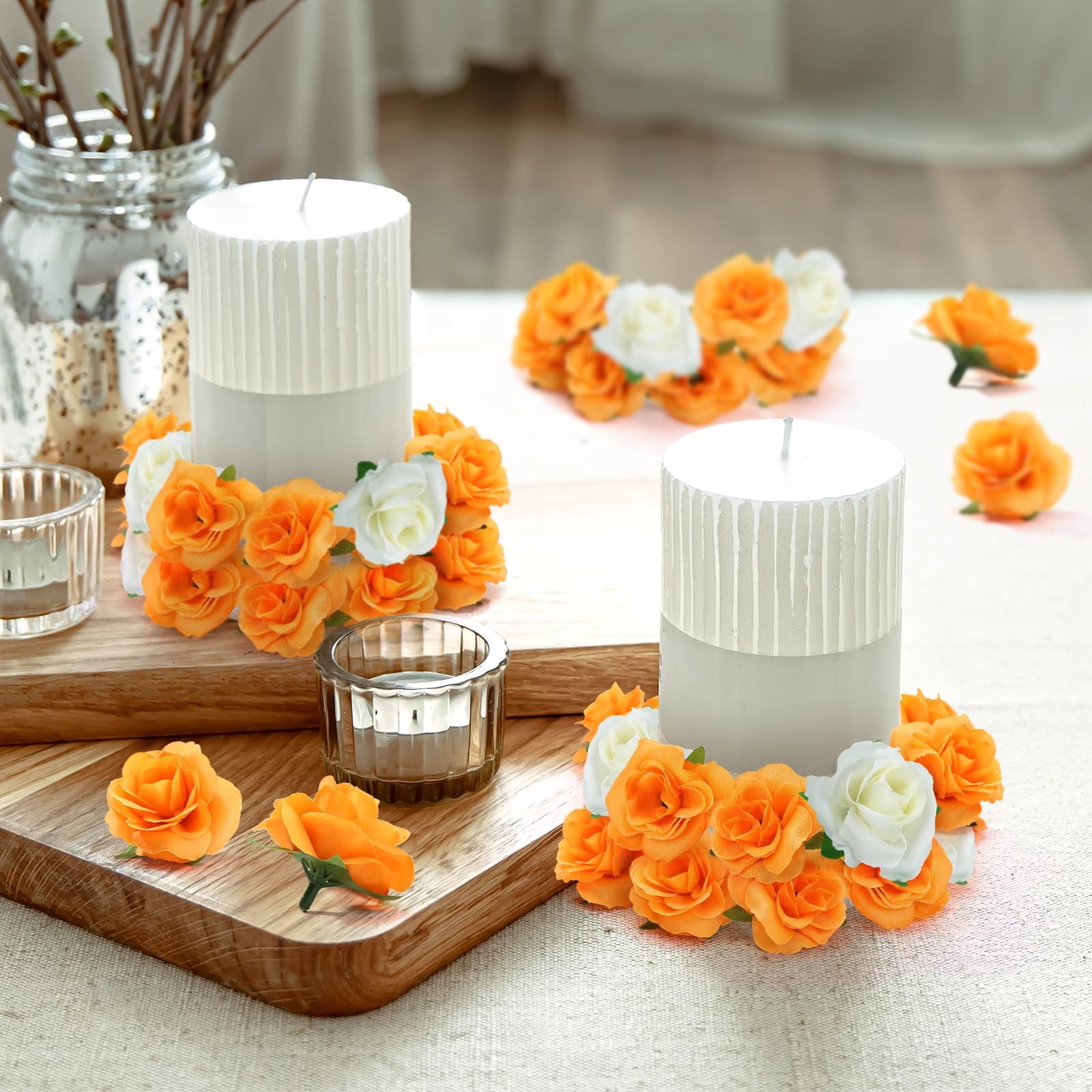 50 PCS 1.57 Inch Mini Orange Roses Artificial Fake Flower Heads Real Touch