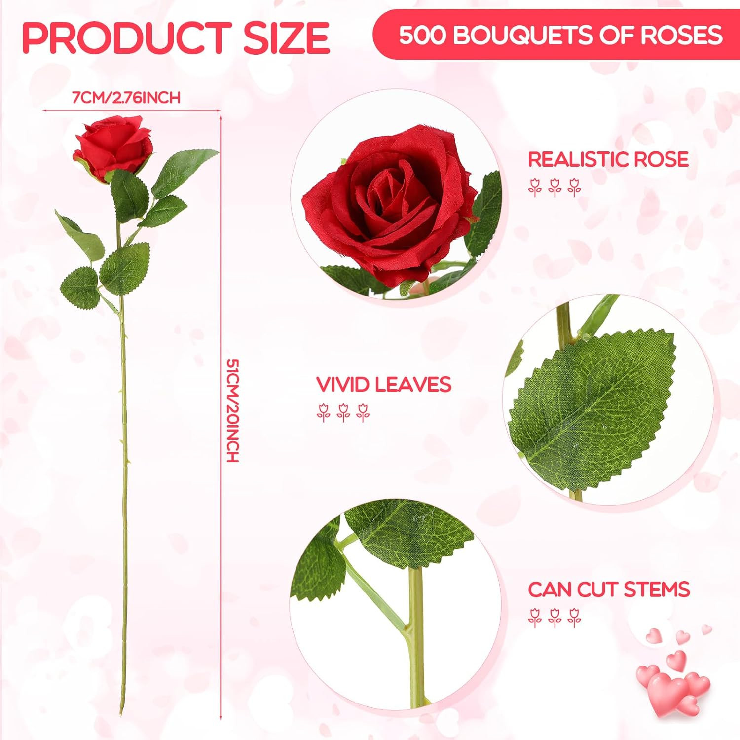 500 Pcs Red Silk Roses with Long Stem for Wedding, Home, Party Decor