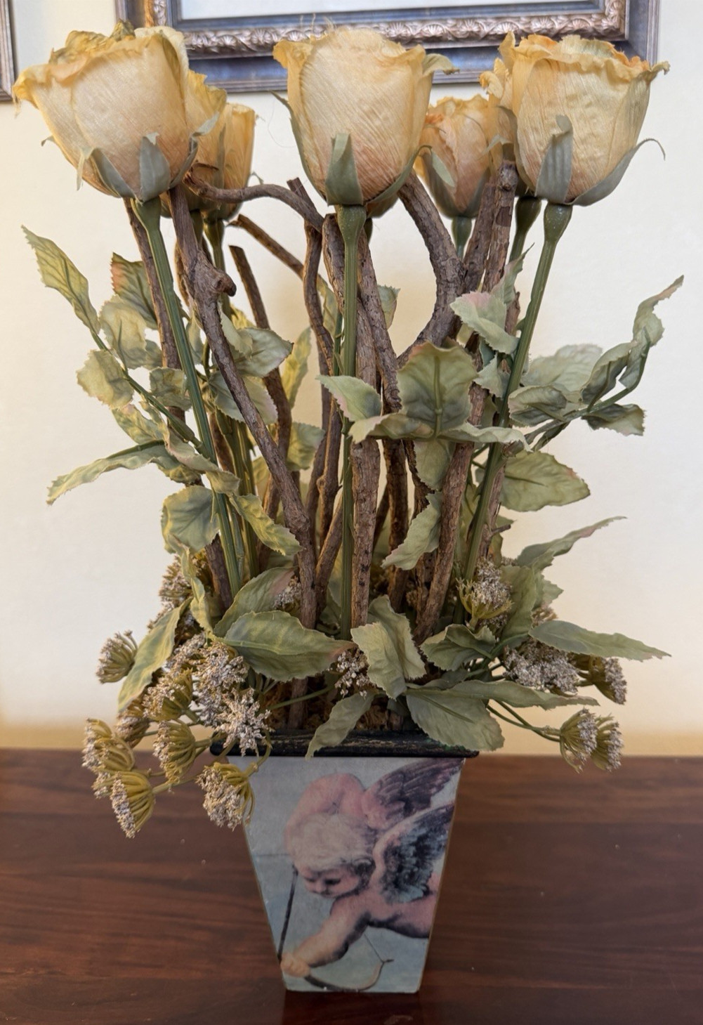 Faux Yellow Crepe Paper Roses in Cherub Vase