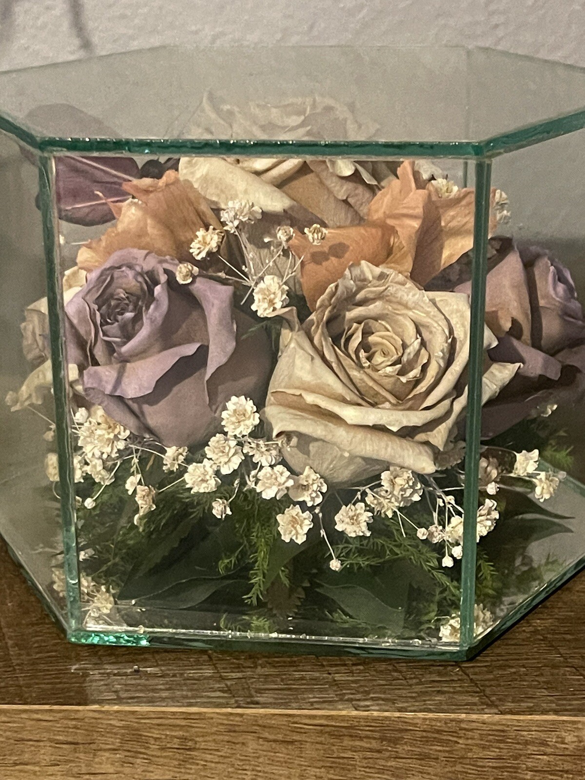 Vintage Freeze Dried Roses W/Butterfly In A Glass Display Case