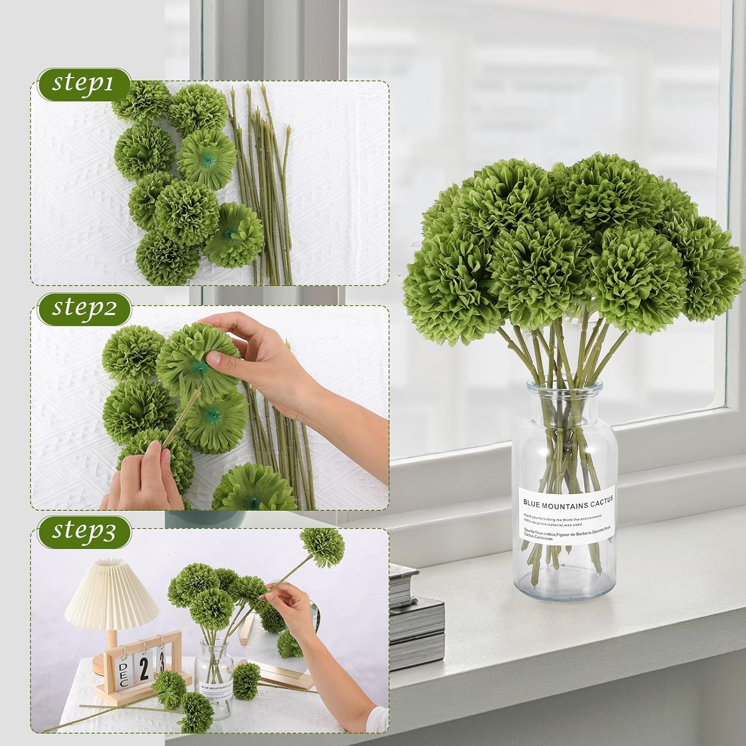 12 Pcs Artificial Chrysanthemums Flowers Green Flowers Silk Fake Mums Flowers fo