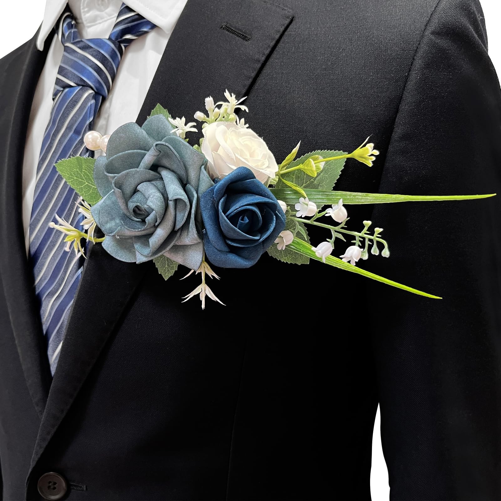Pocket Boutonniere Men Dusty Blue Rose Flowers Groom Wedding Prom Party