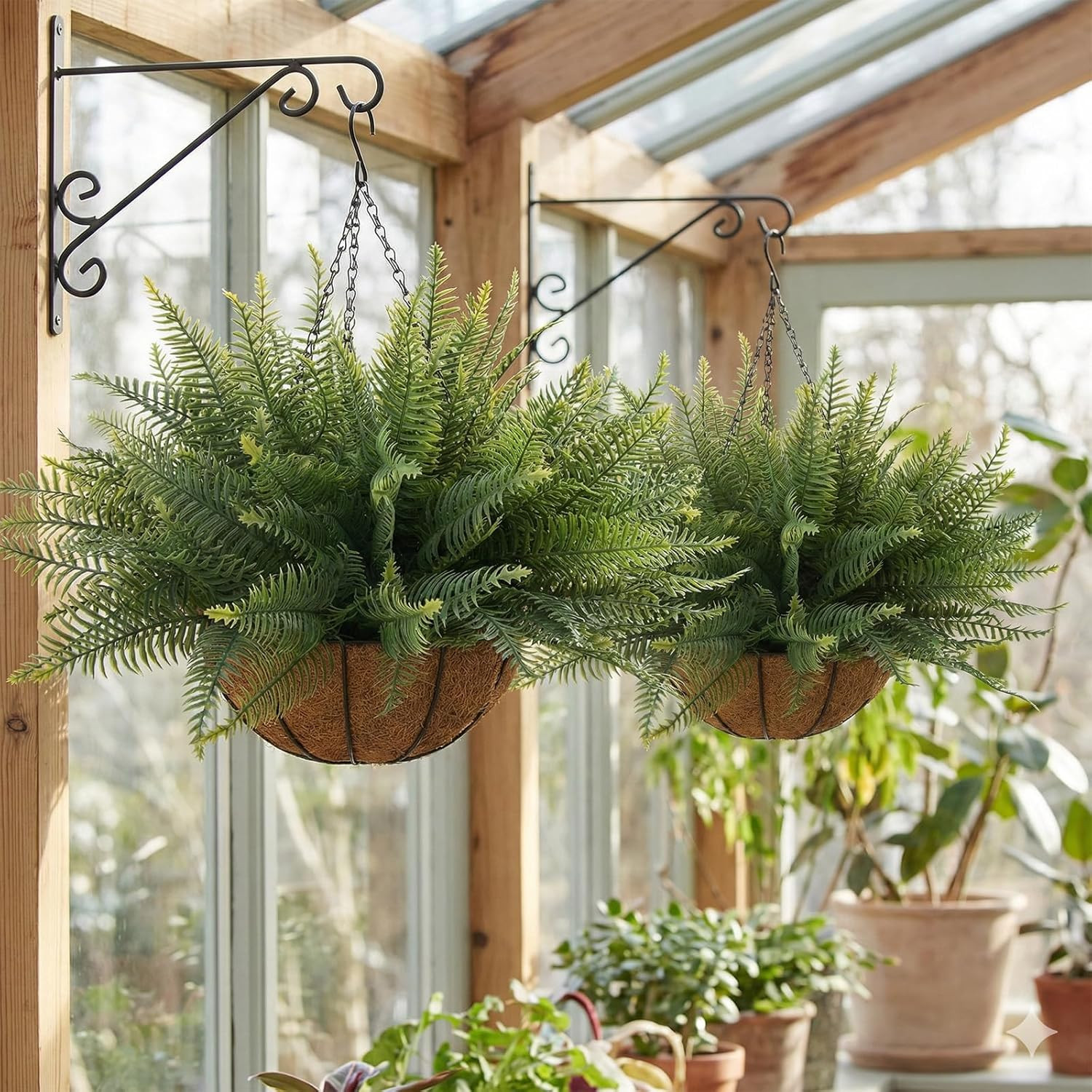 2 Pcs Fake Ferns Hanging Baskets, Artificial Hanging Plants Outdoor, 2 Hanging P