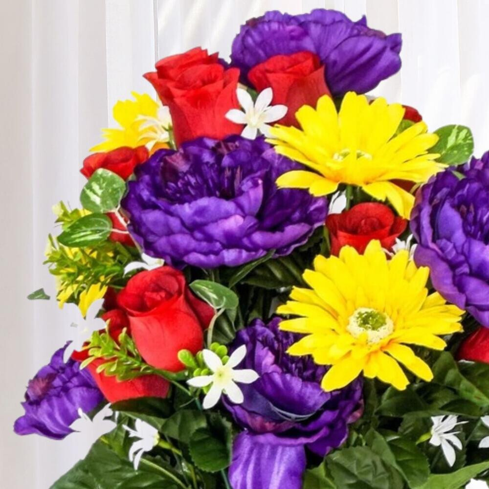 Red, Yellow and Purple Artificial Peony, Daisy & Rose 23″ Floral Bush