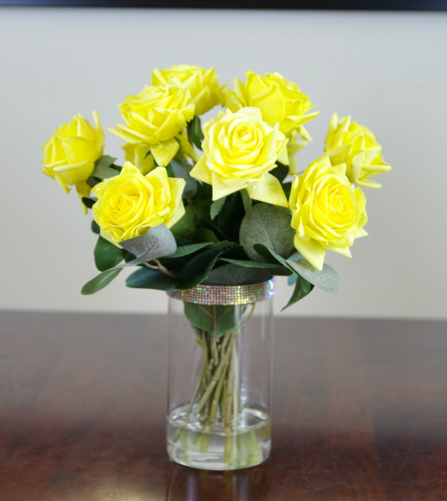Silk Real Touch Yellow Roses in Glass Cylinder Vase, Rhinestone Trim and Resin