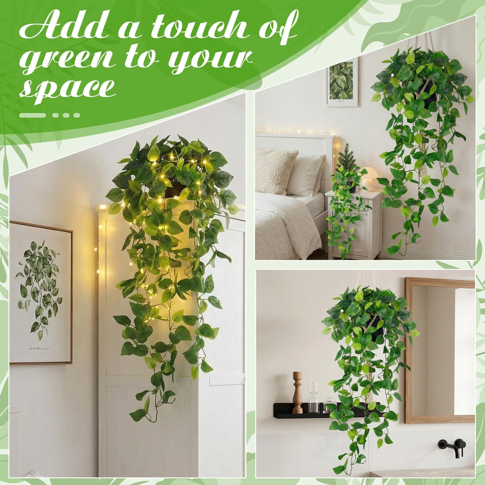 4 PCS 35 Inch Fake Pothos Hanging Plants Faux Ivy Vines Pots Artificial Decor