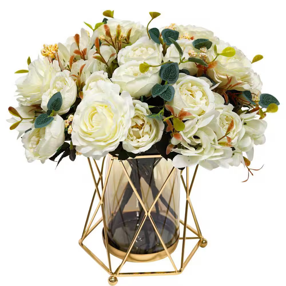 15 .7 In. H White Artificial Fake Flowers with Vase, Family Banquet Party Weddin