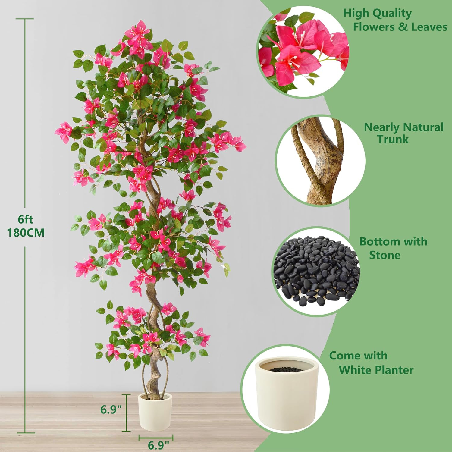 6Ft Artificial Bougainvillea Tree, Fake Bougainvillea Pink Flower Silk Plant in