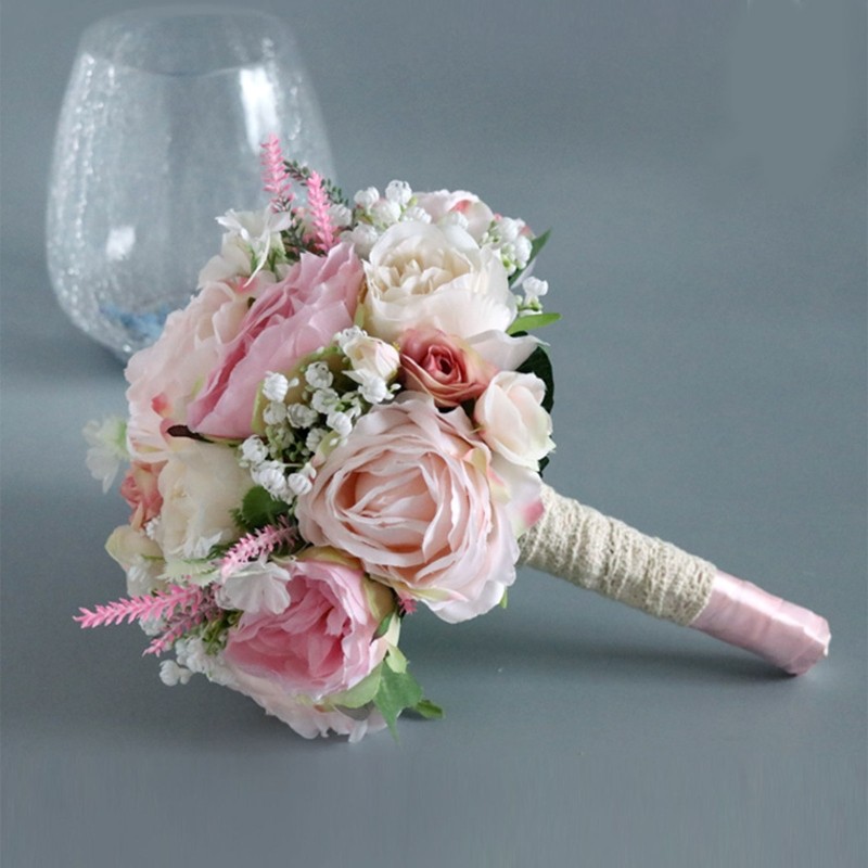 Artificial White/Pink Flower Bouquet with Green Leaves Fake Silk Floral
