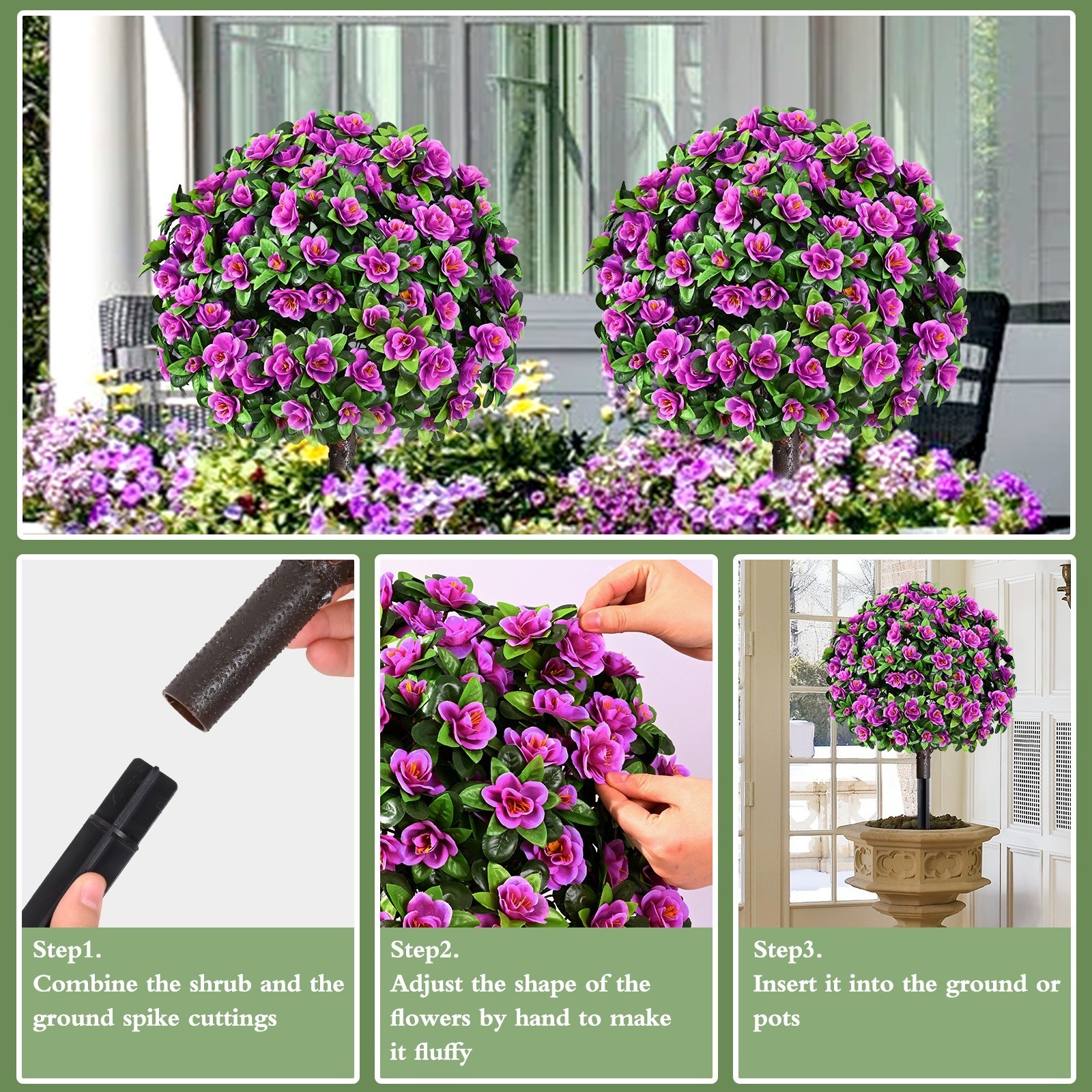 2 Pack Artificial Topiary Ball Trees UV Resistant Fake Shrubs For Outdoor Decor