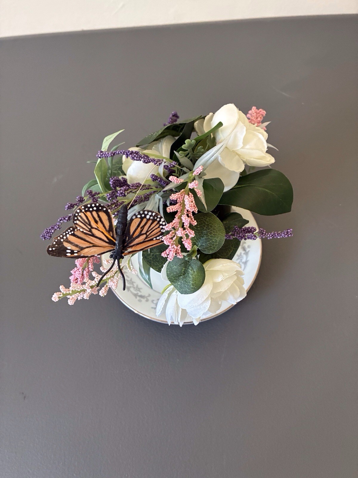 Grandmas Vintage Up Cycled Teacup Saucer Floral Centerpiece Homemade Decor