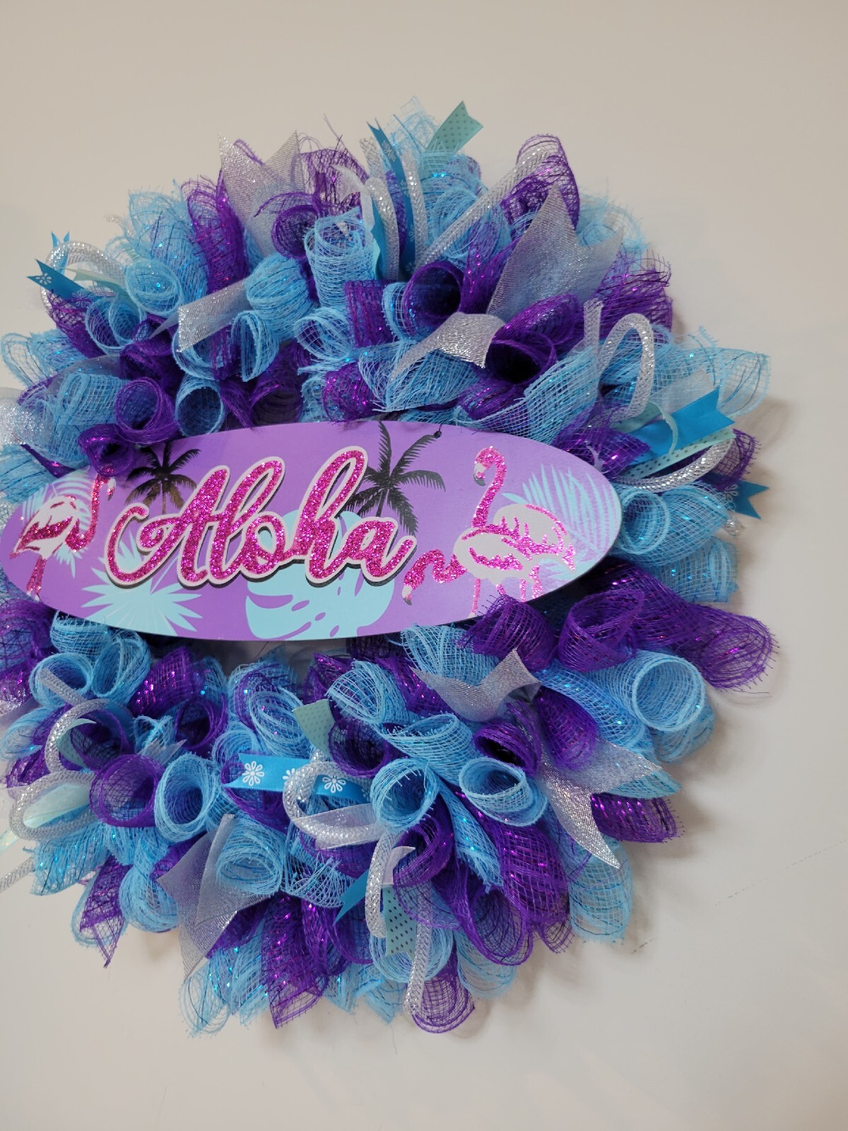 ALOHA Summer Spring Mesh Front Door Wreath Wall Decor BRIGHT Purple Pink Blue