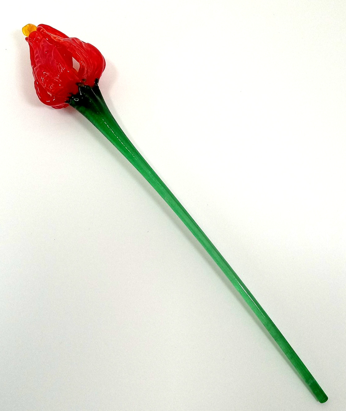 Vintage Blown Art Glass Long Stem Flower Red Bud Orange Center Ribbed Texture