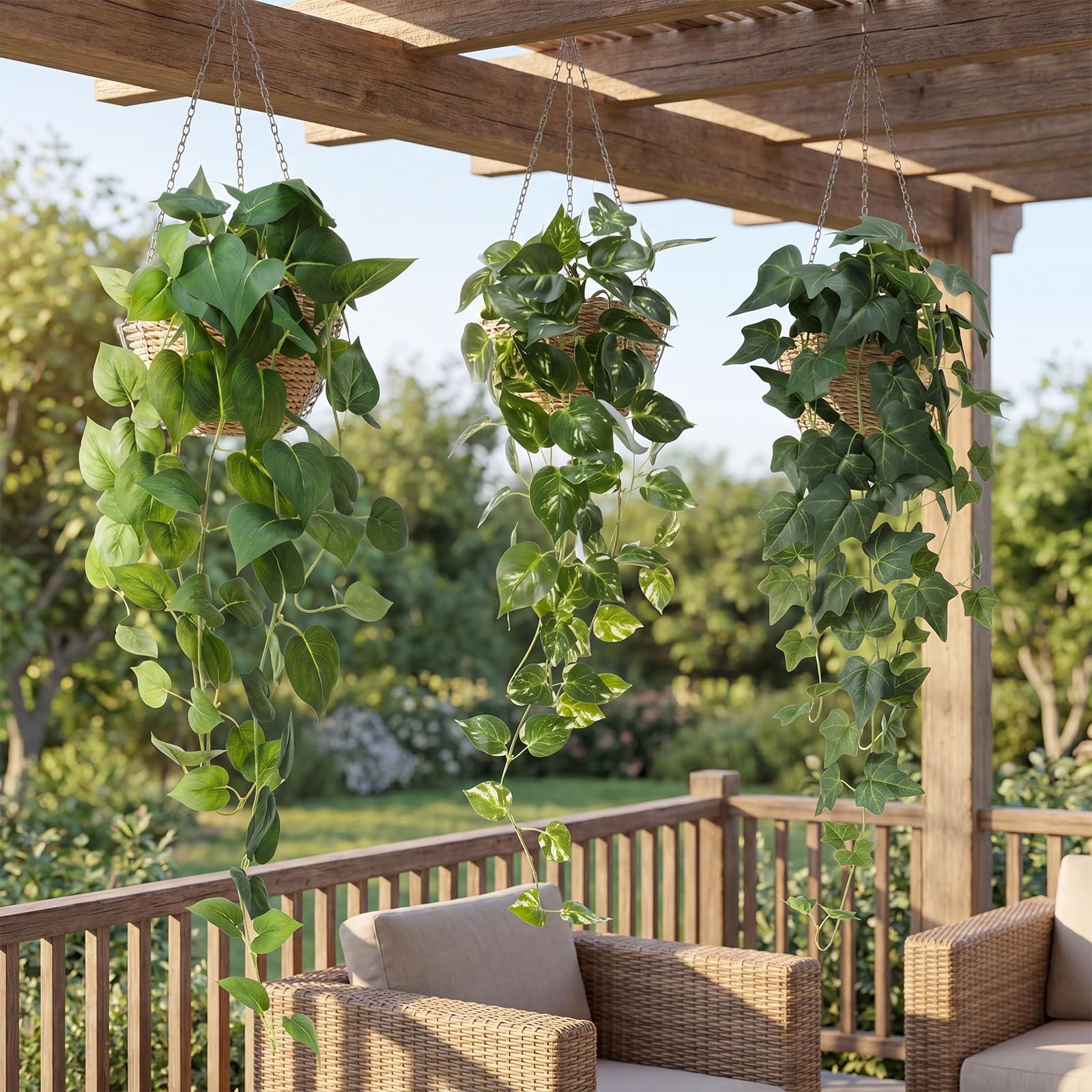 3 Pcs Fake Pothos Hanging Plants with Pot 31.49″ Artificial Silk Ivy Vines Re…