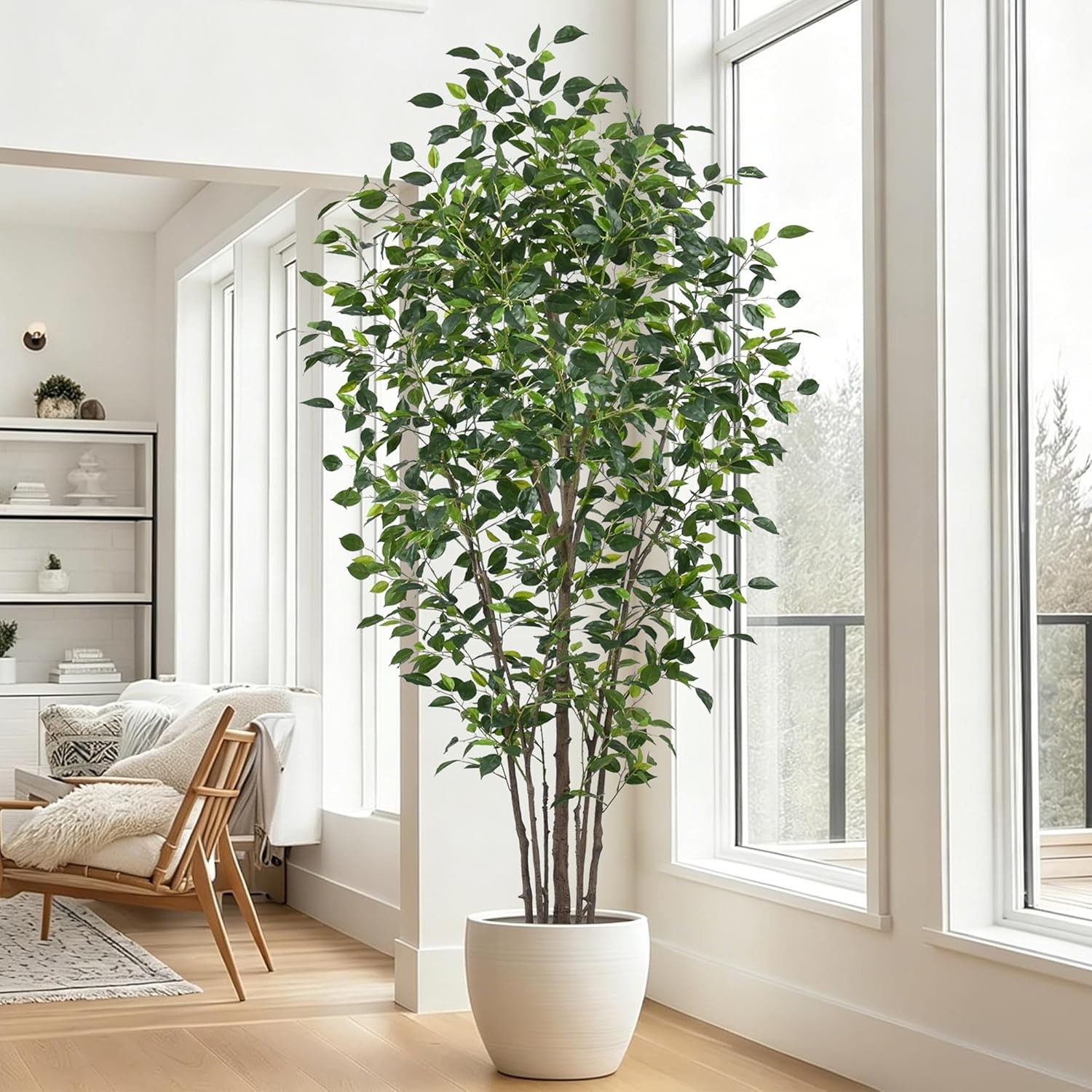 Artificial Ficus Tree 7FT with 1748 Leaves & White Planter Realistic Tall Large