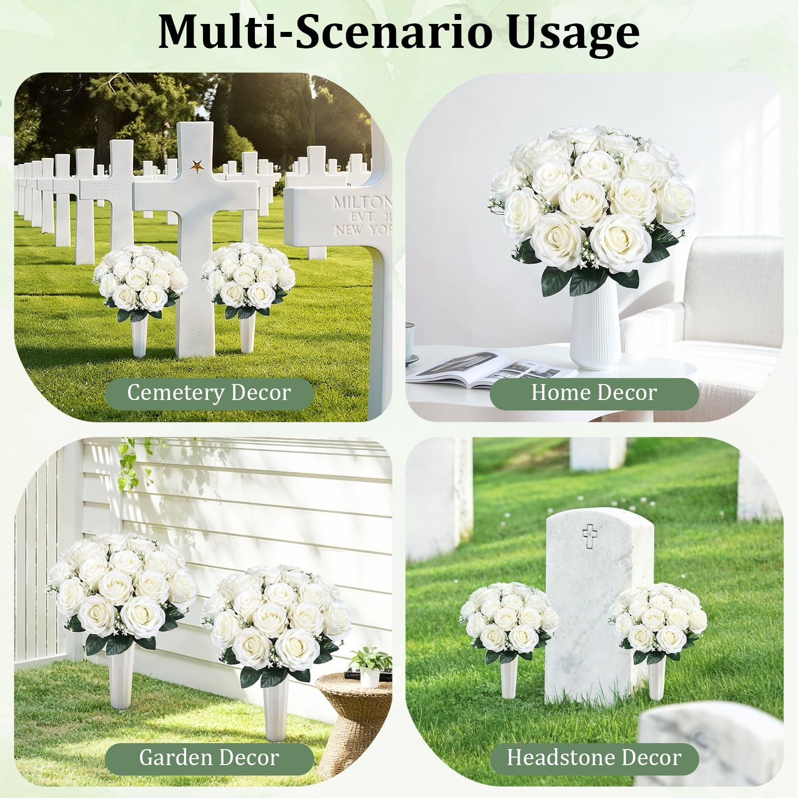 Artificial Cemetery Flowers 2 Sets UV Resistant White Silk Roses Outdoor
