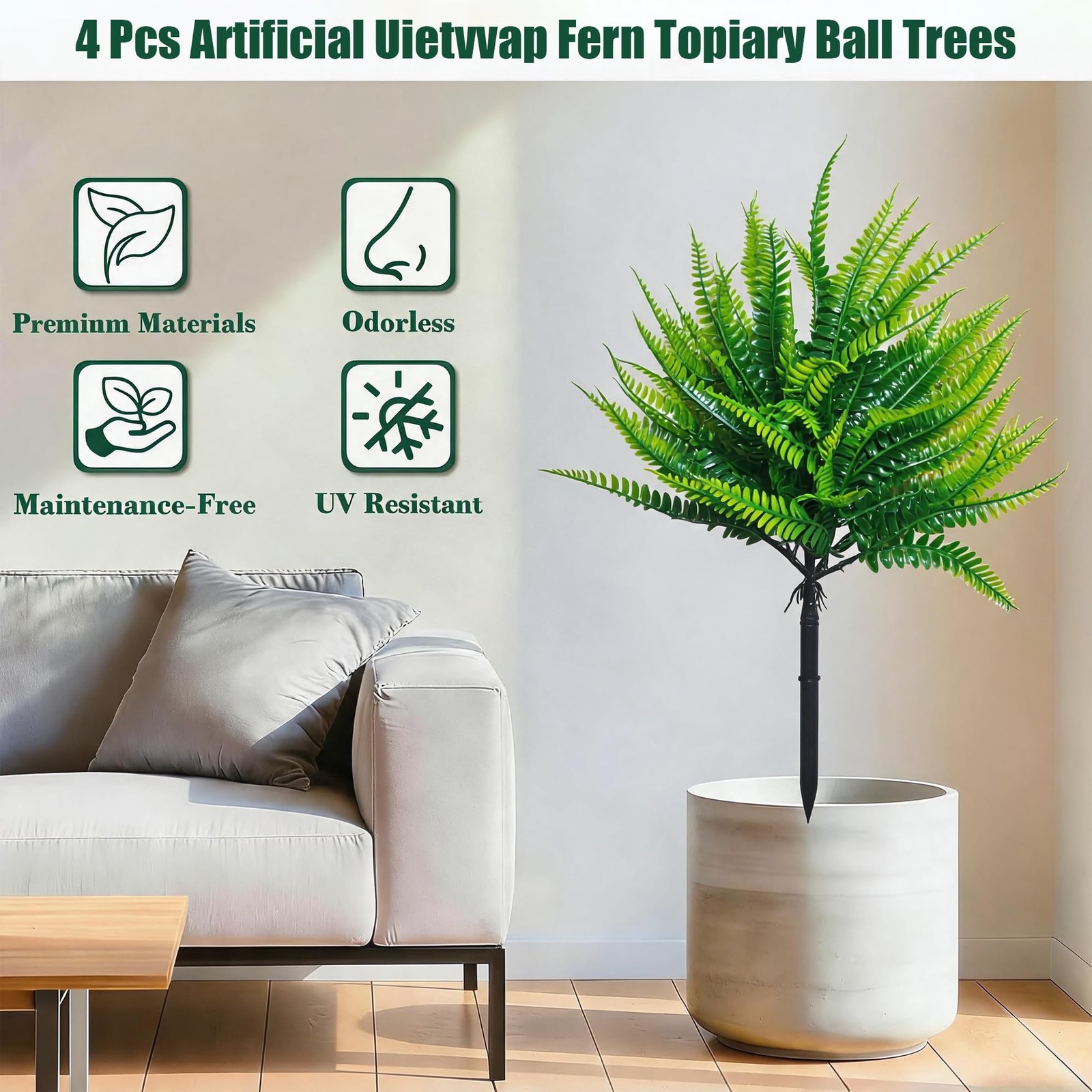 4 Pcs Artificial Fern Topiary with Ground Spike, UV Resistant Fake Boston Fer…