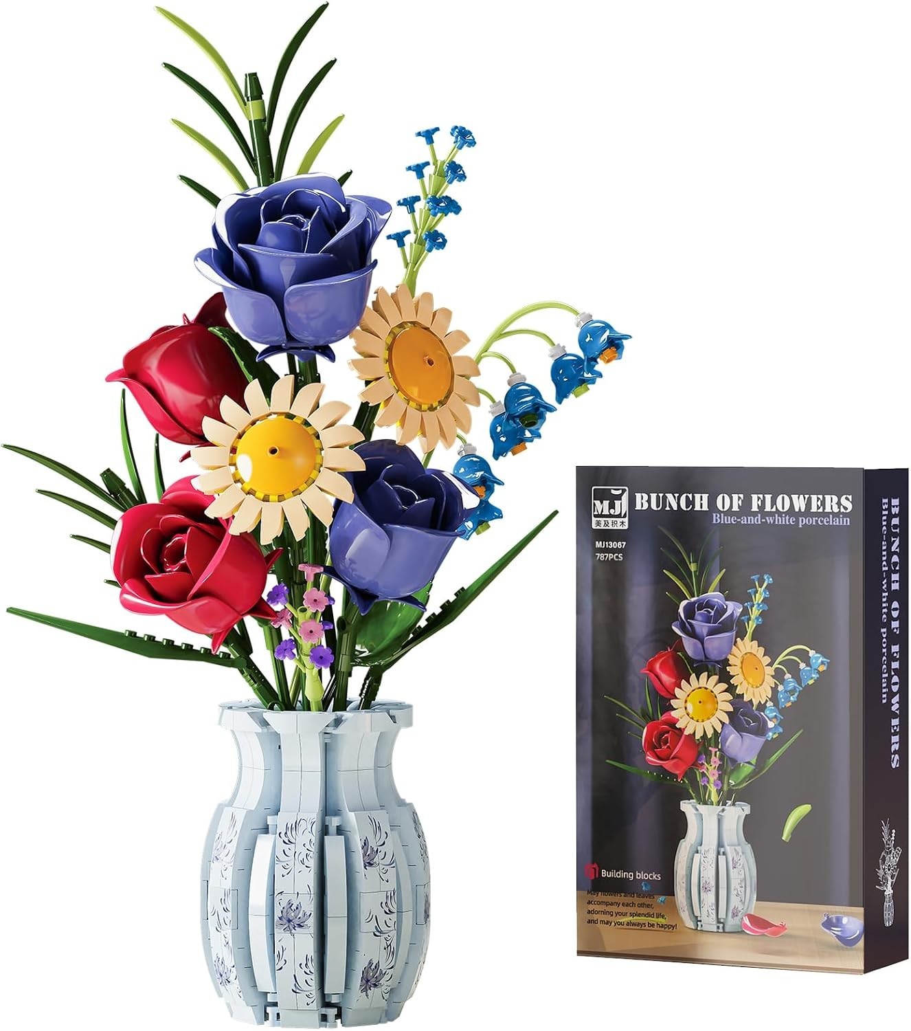 Roses Flower Bouquet Building Set,787 Pcs Artificial Flower Kit with Vase,Pla…