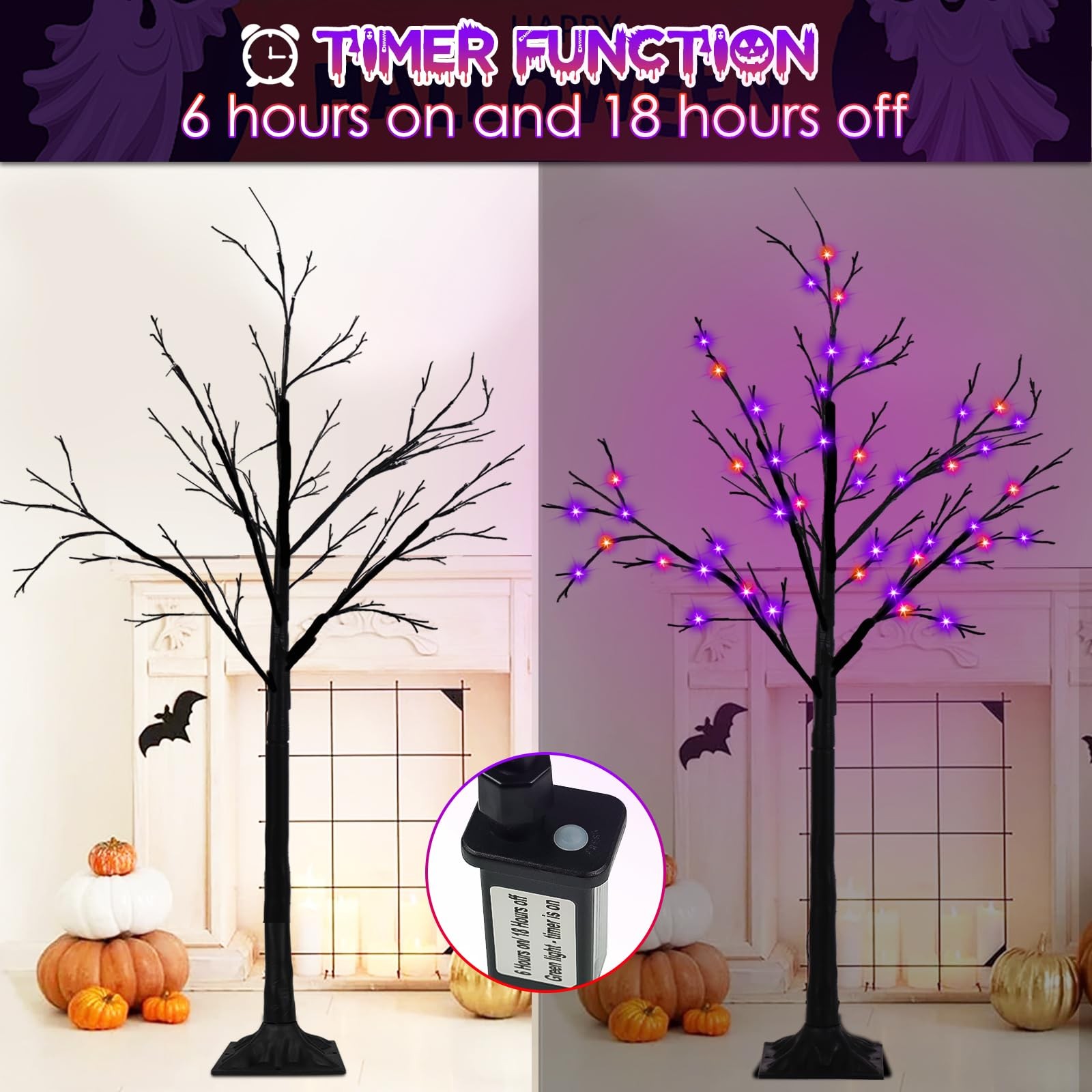 2-Pack 4FT Lighted Black Halloween Tree with 96 LED Orange & Purple Lights (H…