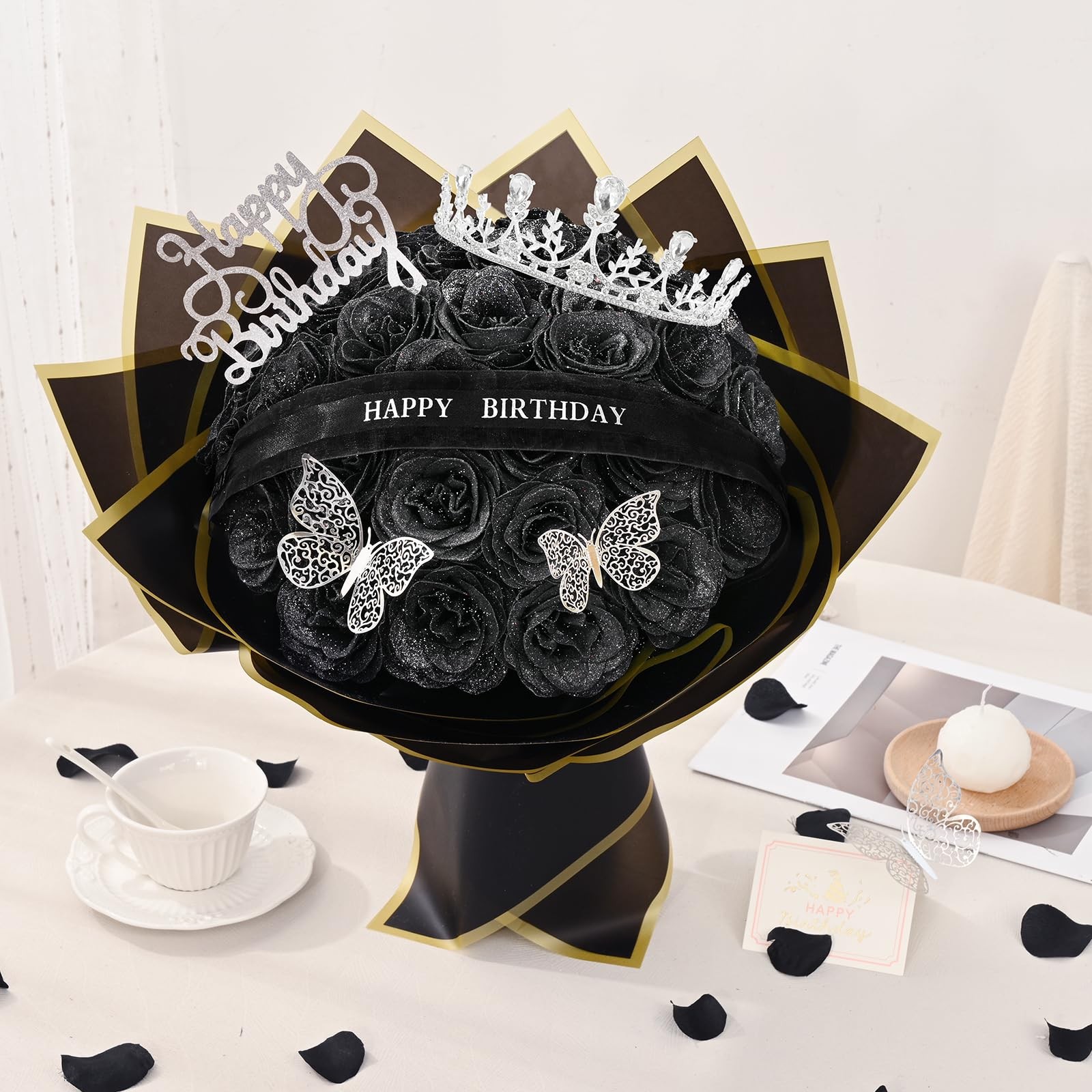 36 PCS Black Glitter Roses Bouquet DIY Fake Flowers Birthday StandUp Signs