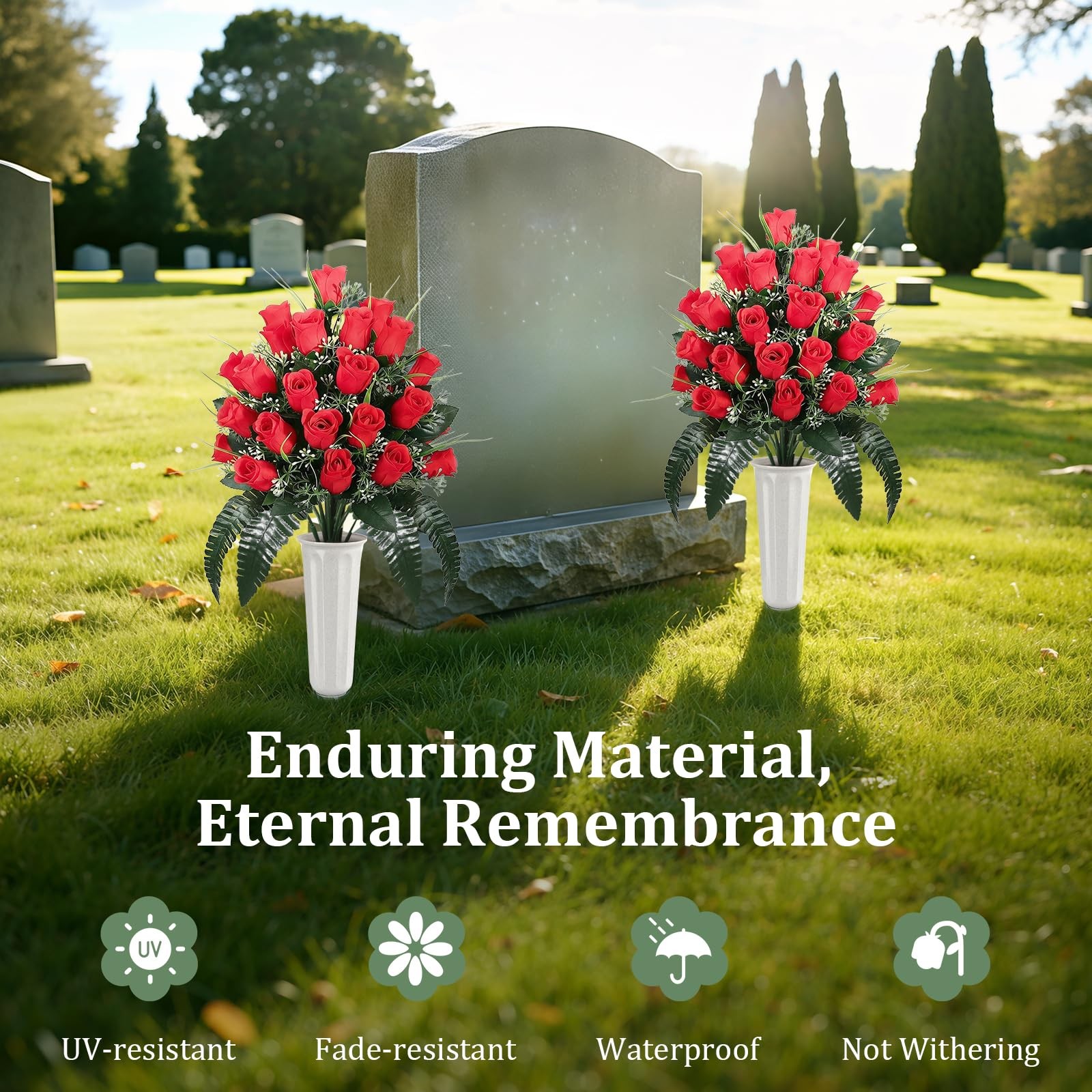 Lewondr Artificial Cemetery Flowers with Vase, 2 Sets Outdoor Grave Decoratio…