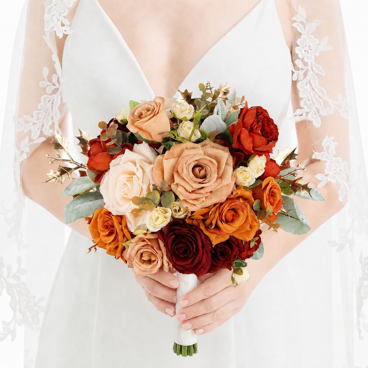 Rinlong 9″ Wide Burnt Orange Wedding Bouquet for Bride, Rustic Terracotta Art…