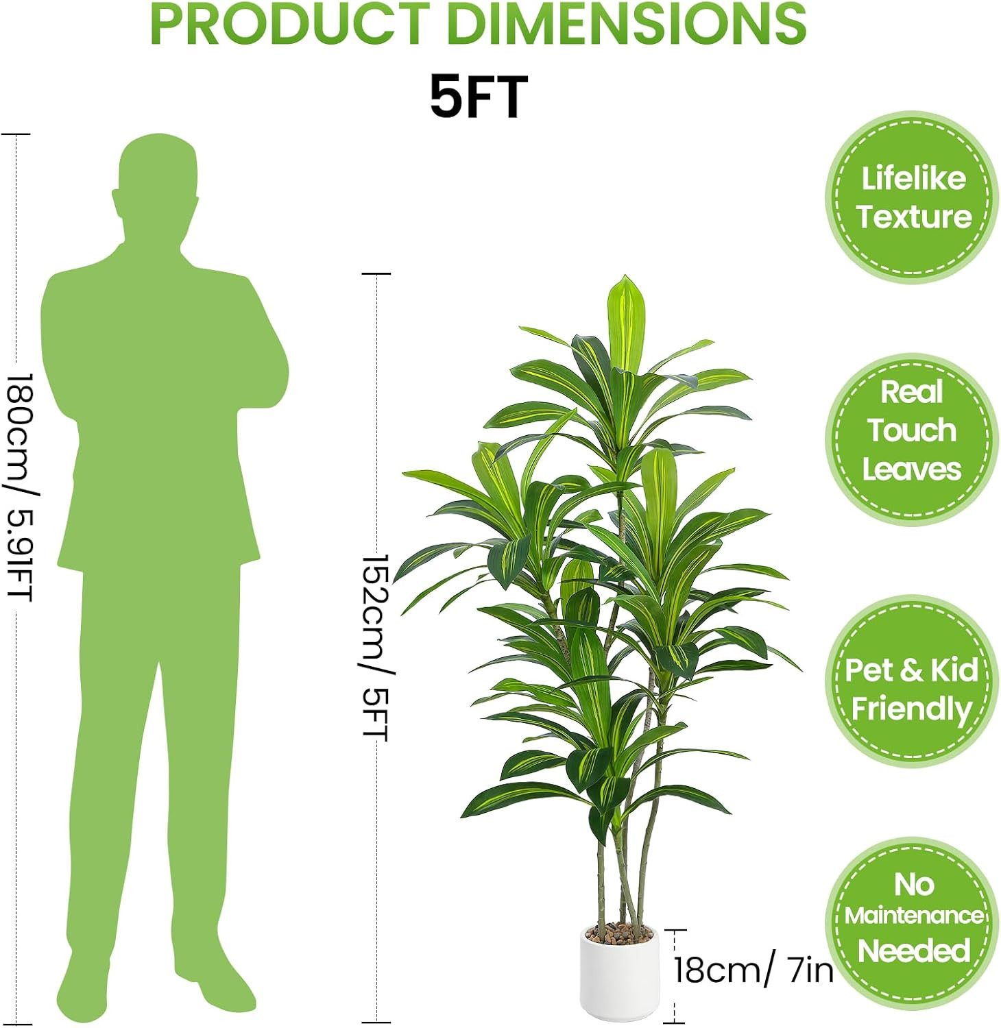 Artificial Dracaena Tree, 5FT Tall Fake Plants with Real Touch Leaves & White Pl