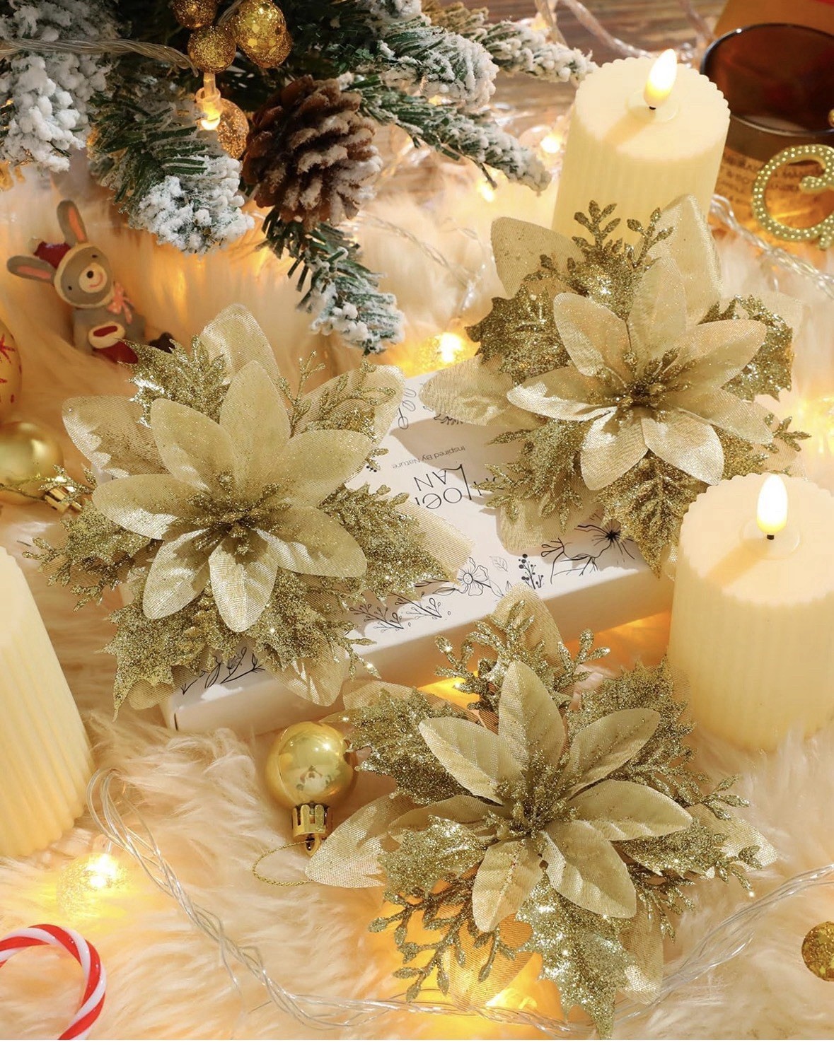 12pc Gold Articial Glitter Poinsettia Flowers Clips & Stems Christmas 5.5in