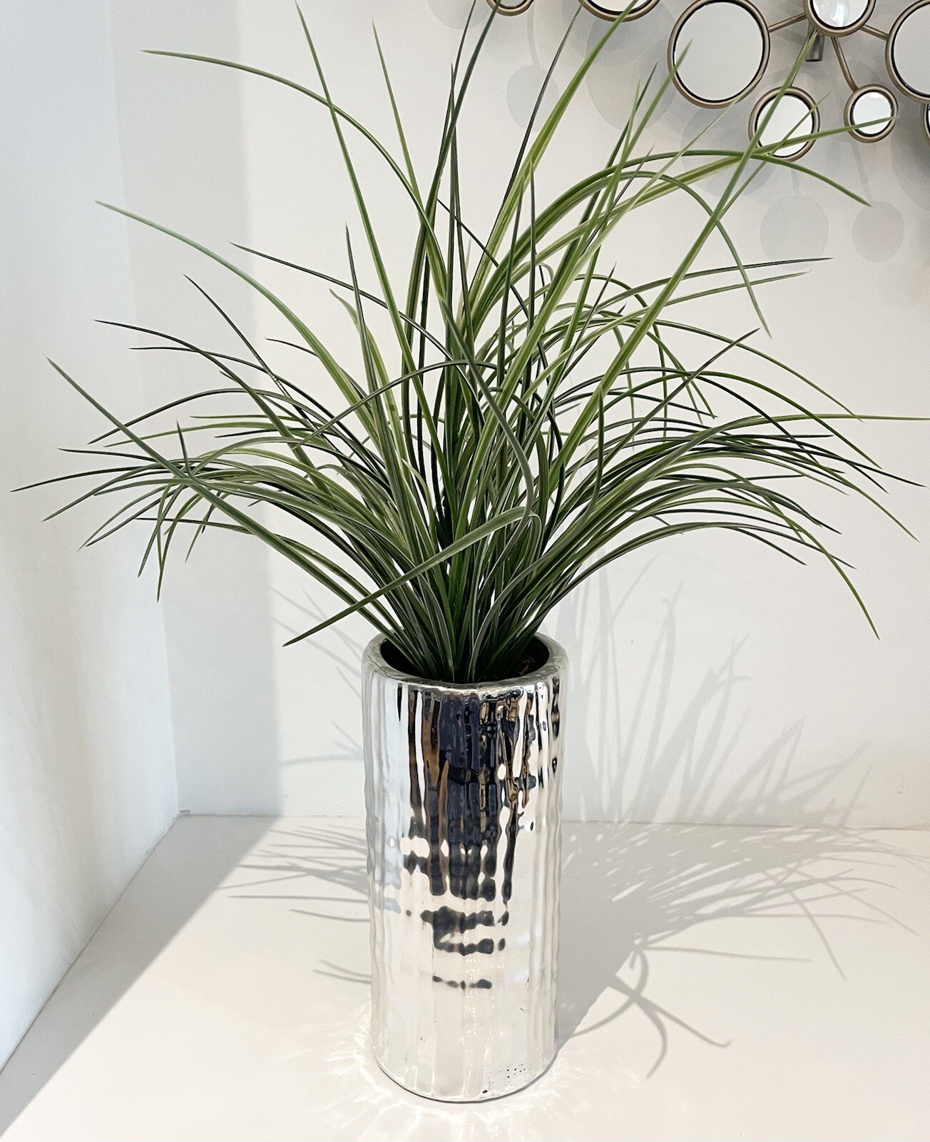Artifical Plant with Silver Ceramic Vase – 19 3/4” tall by 16 3/4” widest part