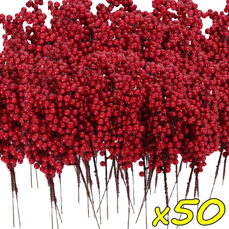 50/1Branch Christmas Artificial Berries Stem Red Holly Berry Fake Flowers Plant