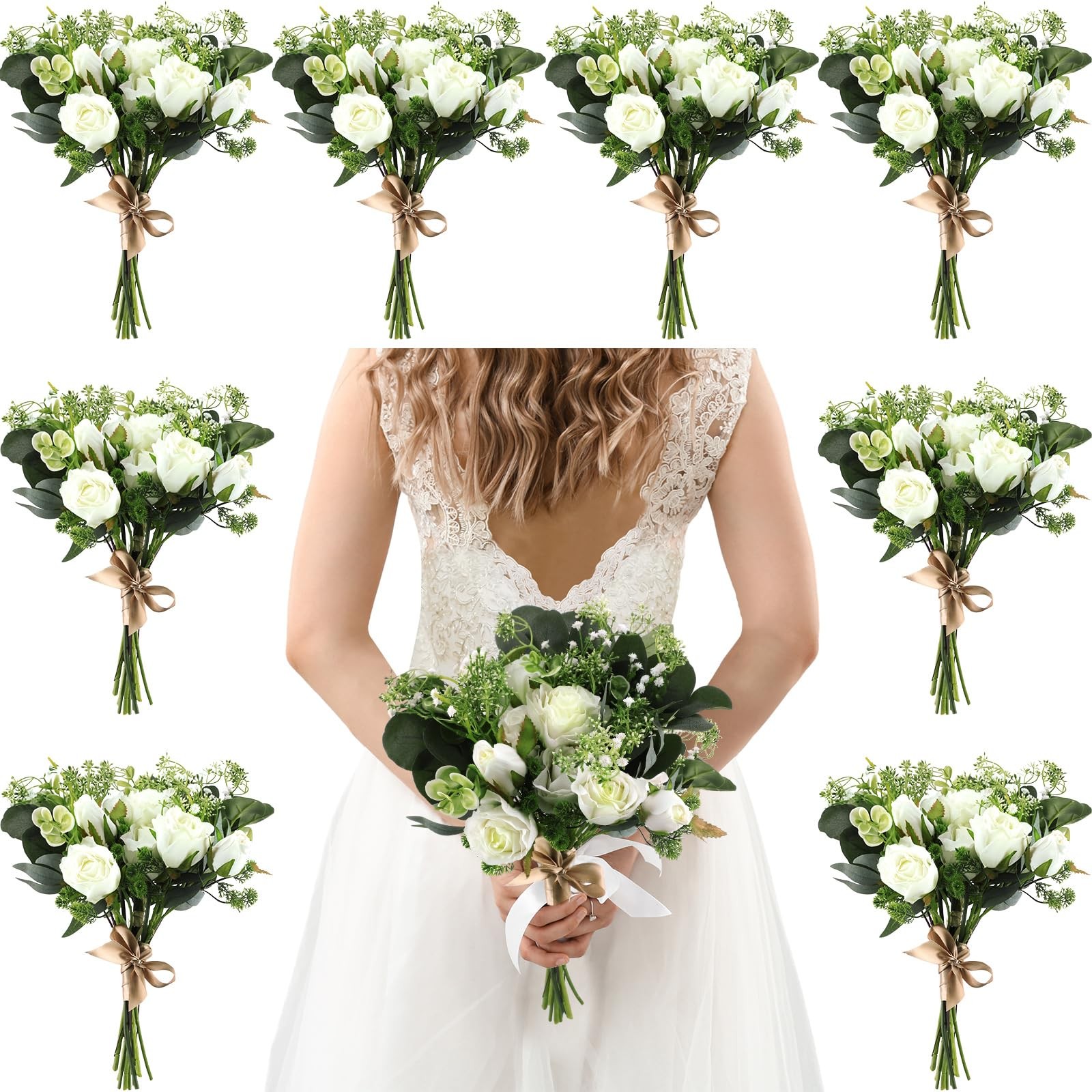 Set of 8 Bridesmaid Bouquets 7 Inch White Wedding Bouquets Faux Flowers Rusti…