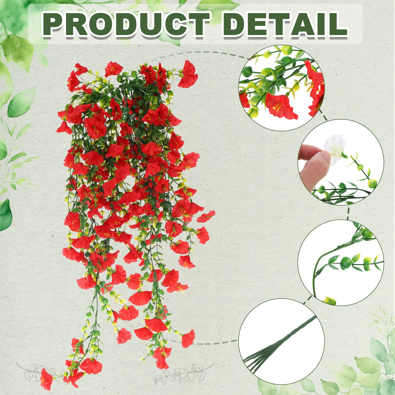 2 PCS Morning Glory Fake Hanging Flowers for Planter Indoor(Crimson Red)