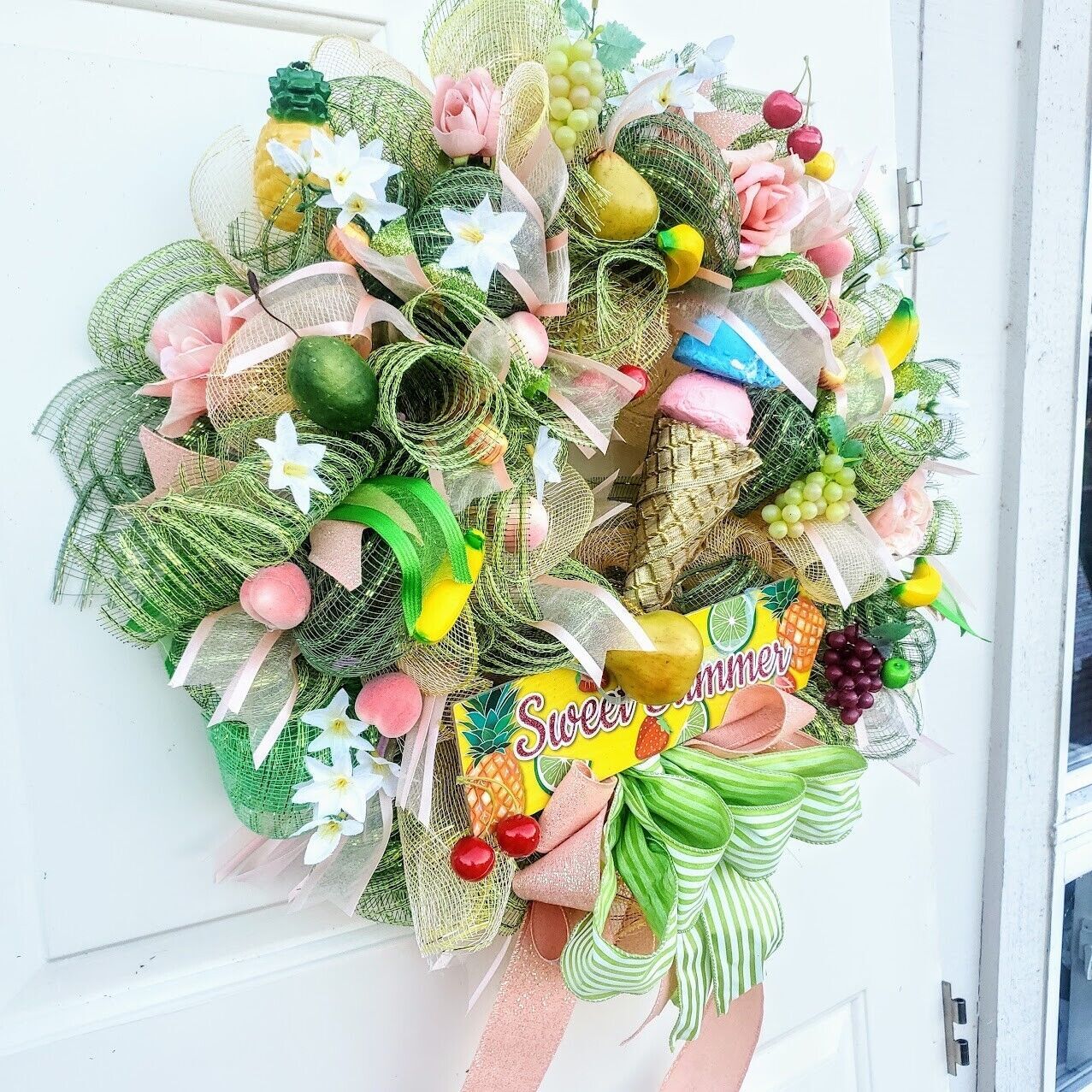 Summer Wreath Large 24″ Handmade Deco Mesh Front Door Ice Cream Cone Decoration