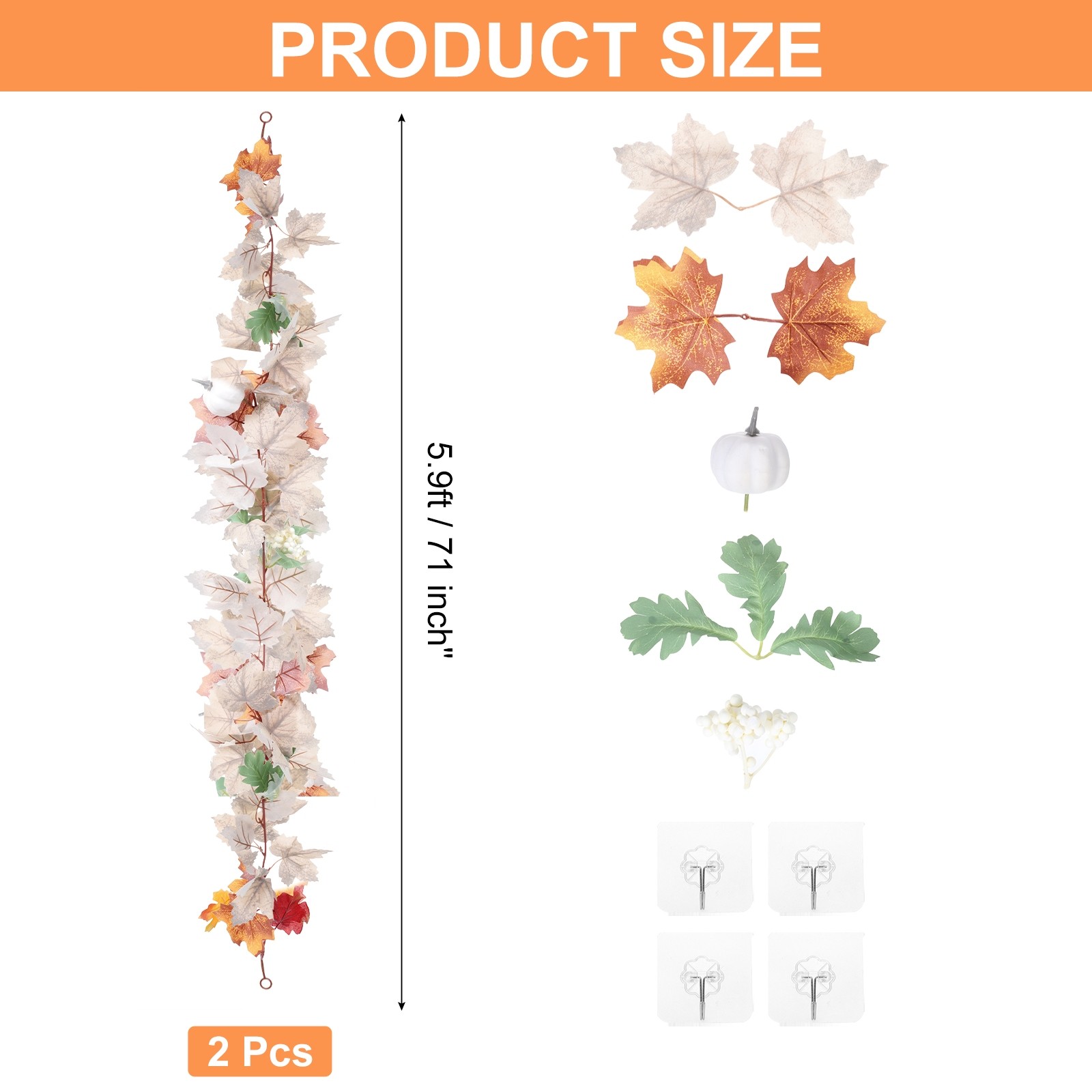 2Pcs Fall Maple Leaf Garland 5.9Ft Artificial Decor Beige/Green/Orange/White