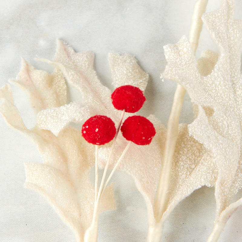 Sparkling White Oak Leaf Spray with Red Berries