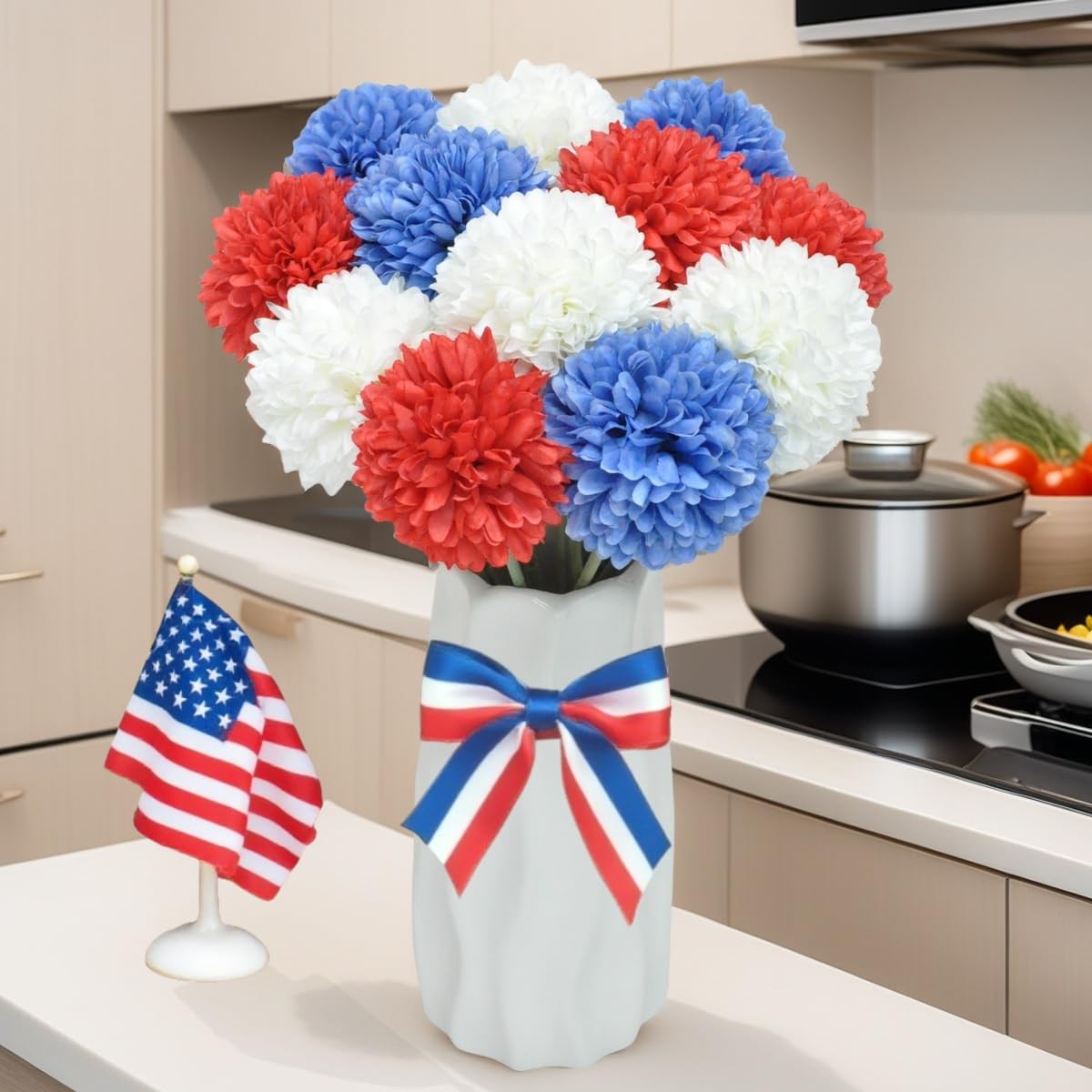 12 PCS Red White Blue Artificial Chrysanthemum Ball Flowers 4th July Decor