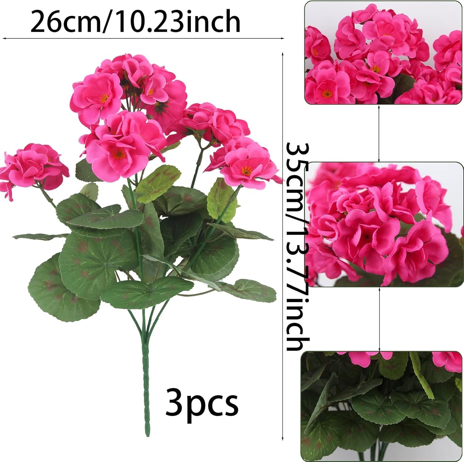 3 Pcs Artificial Geraniums Flowers Silk Geraniums UV Resistant Rose Red