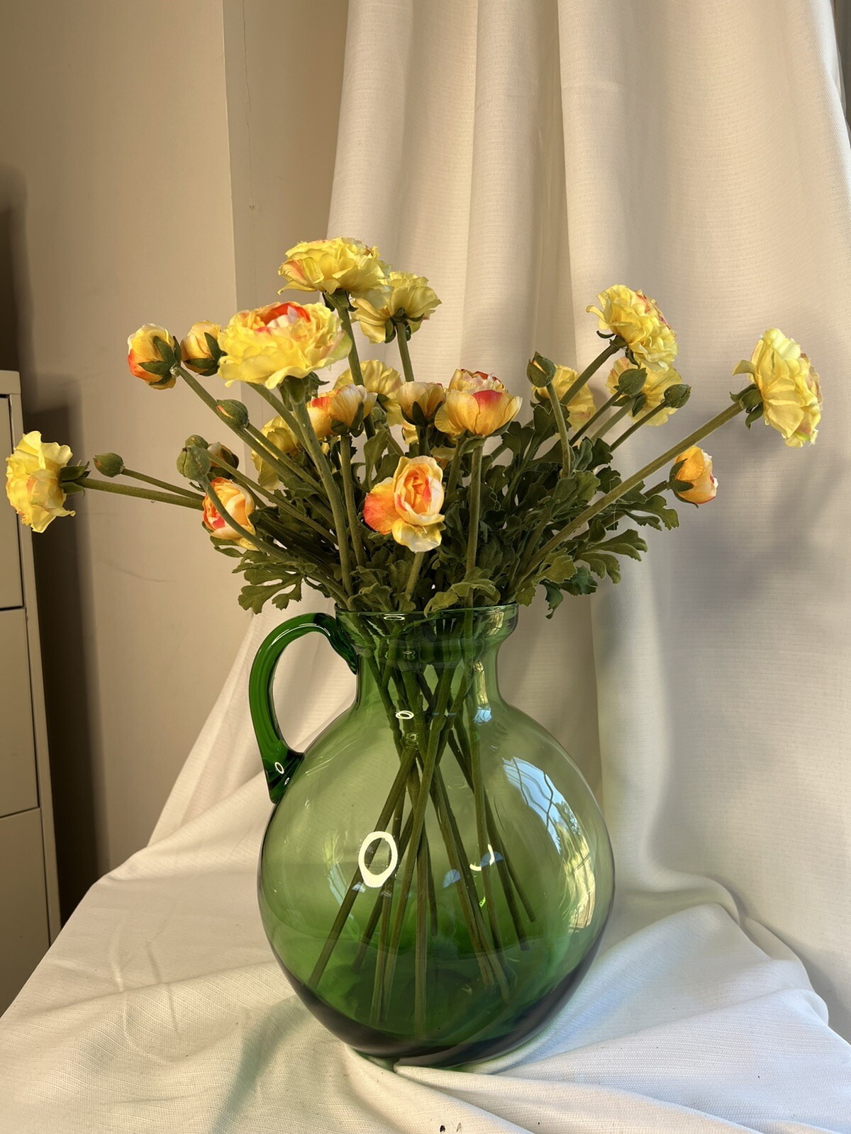 Large Custom Floral Arrangement Realistic Yellow Ranunculus In Green Glass Jug